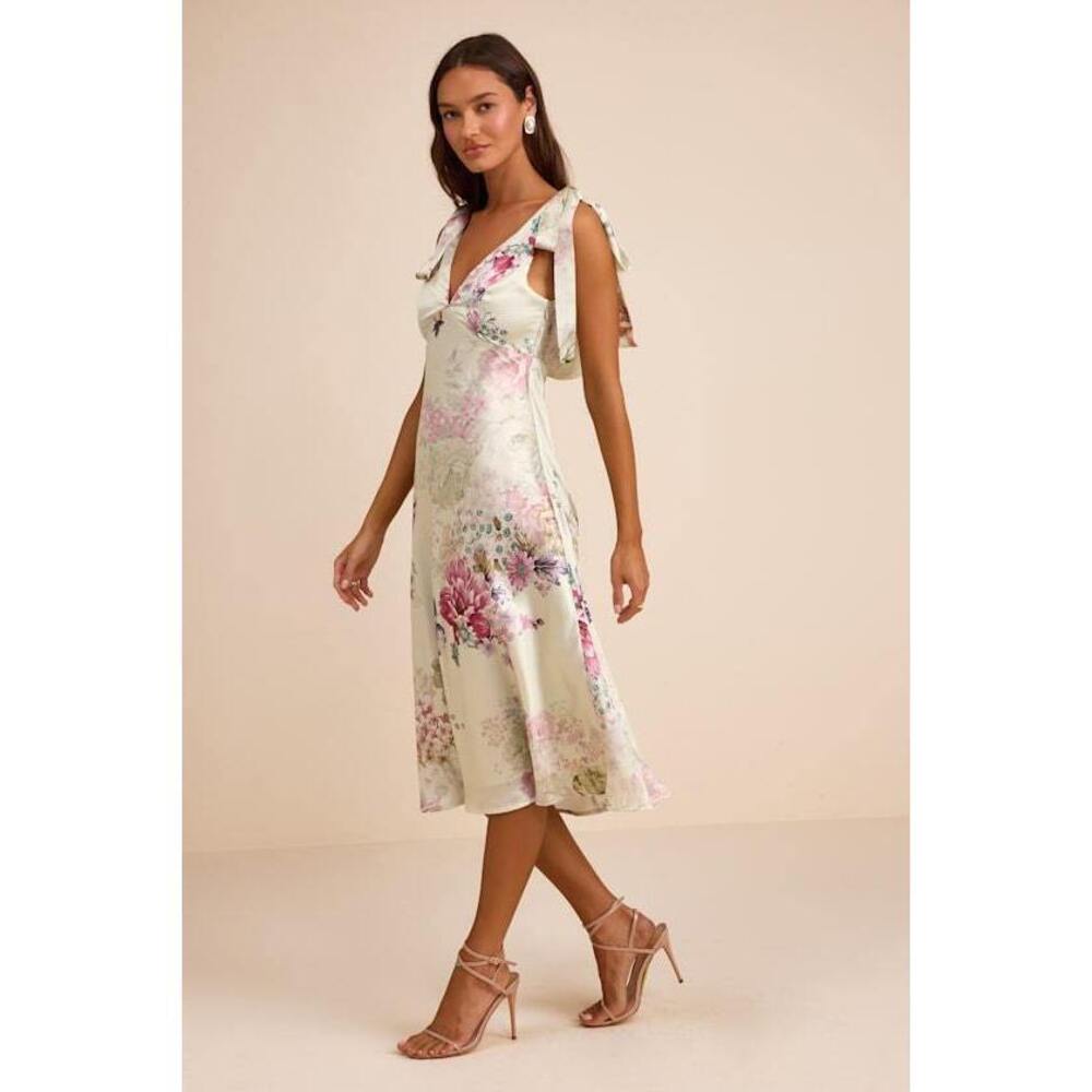 Lulus Zoella Pale Mint Floral Satin Tie-strap Midi Dress Green - Size S